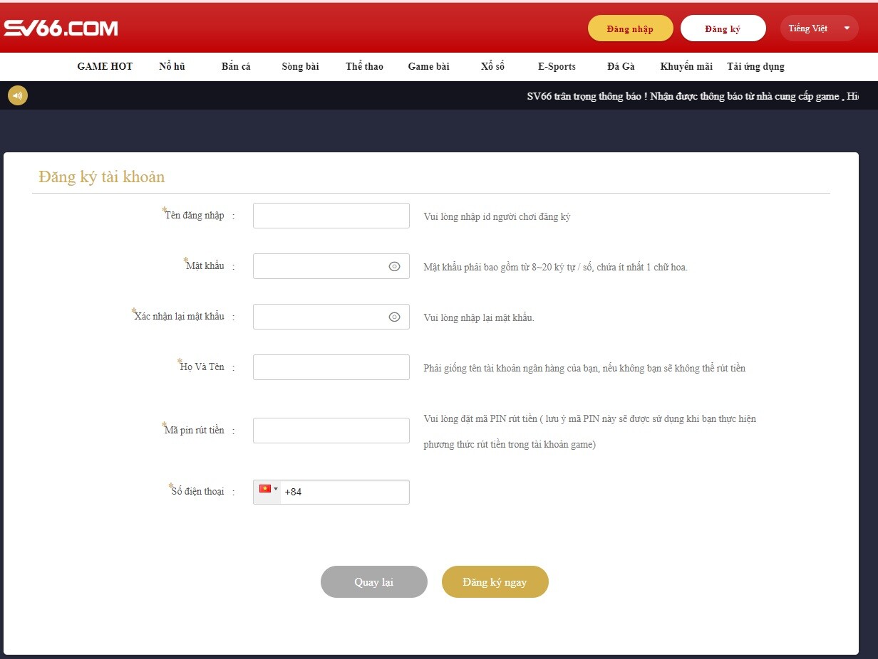 Nhập thông tin vào biểu mẫu đăng ký để tạo tài khoản chơi game tại SV66