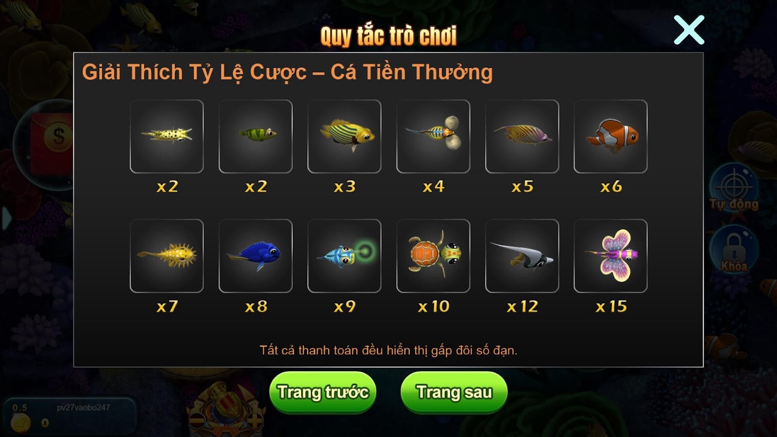 Tỷ lệ cược đối với Cá tiền thưởng 