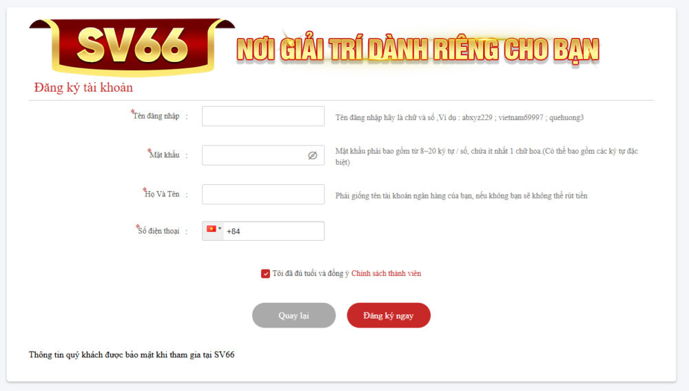 Đăng ký tài khoản tại SV66